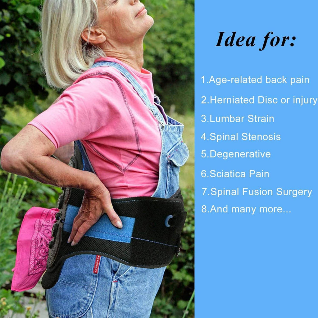 Back brace worn on waist with blue lumbar band and black mesh support panels