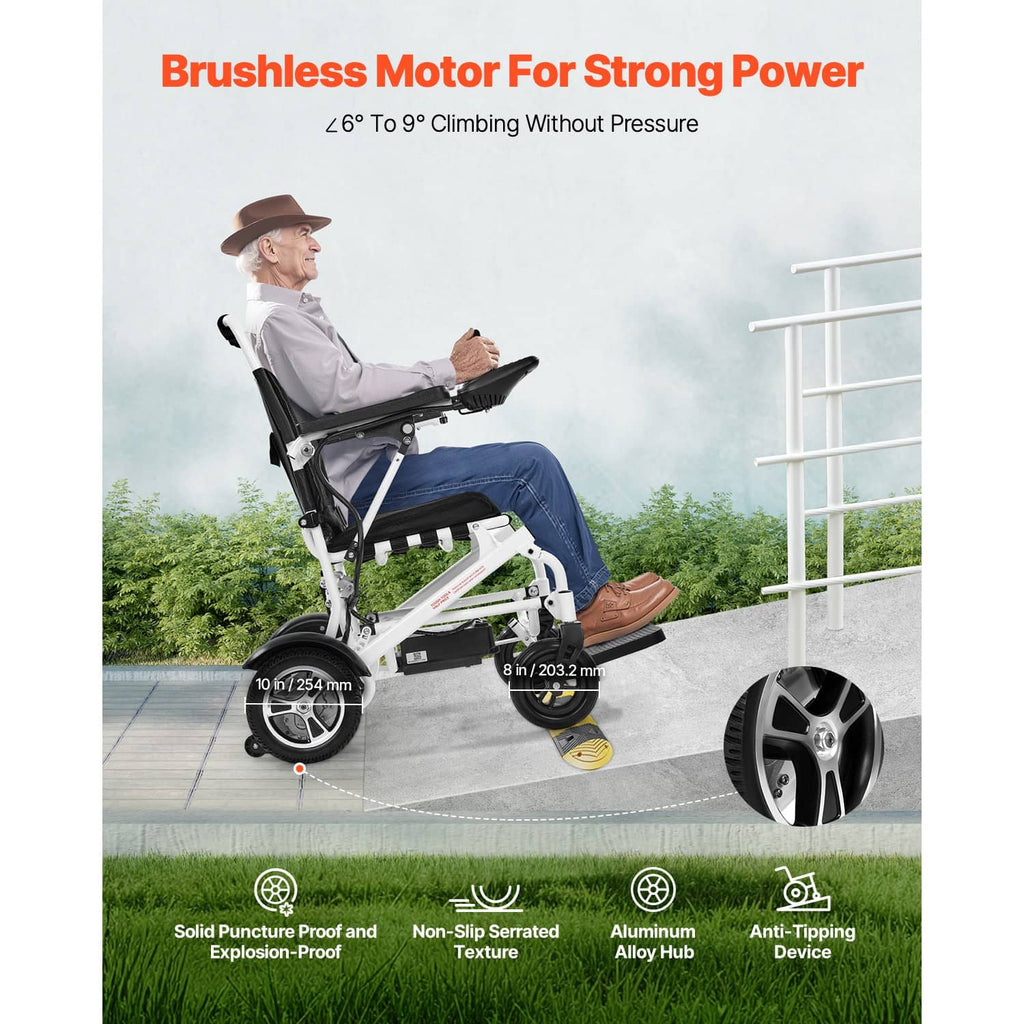Foldable electric mobility wheelchair with armrests and black seat cushion, side view