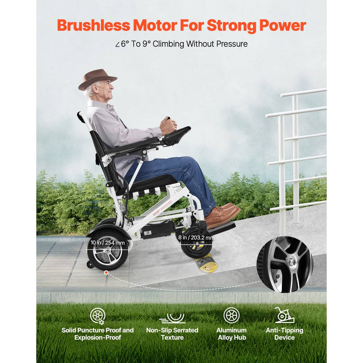 Foldable electric mobility wheelchair with armrests and black seat cushion, side view