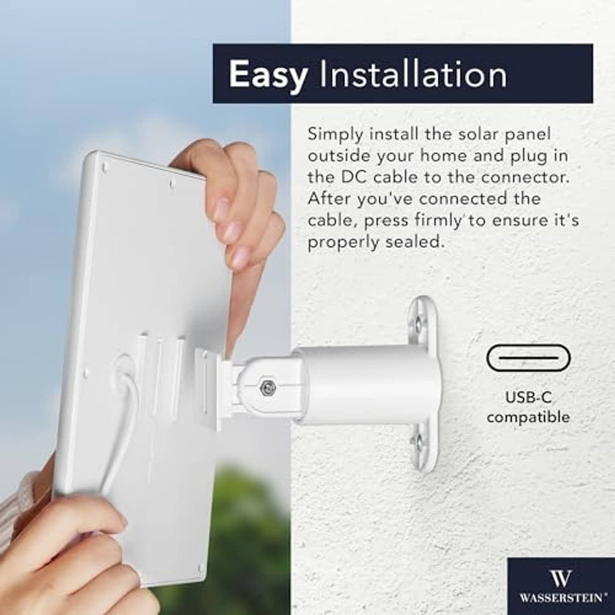 White solar panel charger wall mount with bracket and cable for power connection