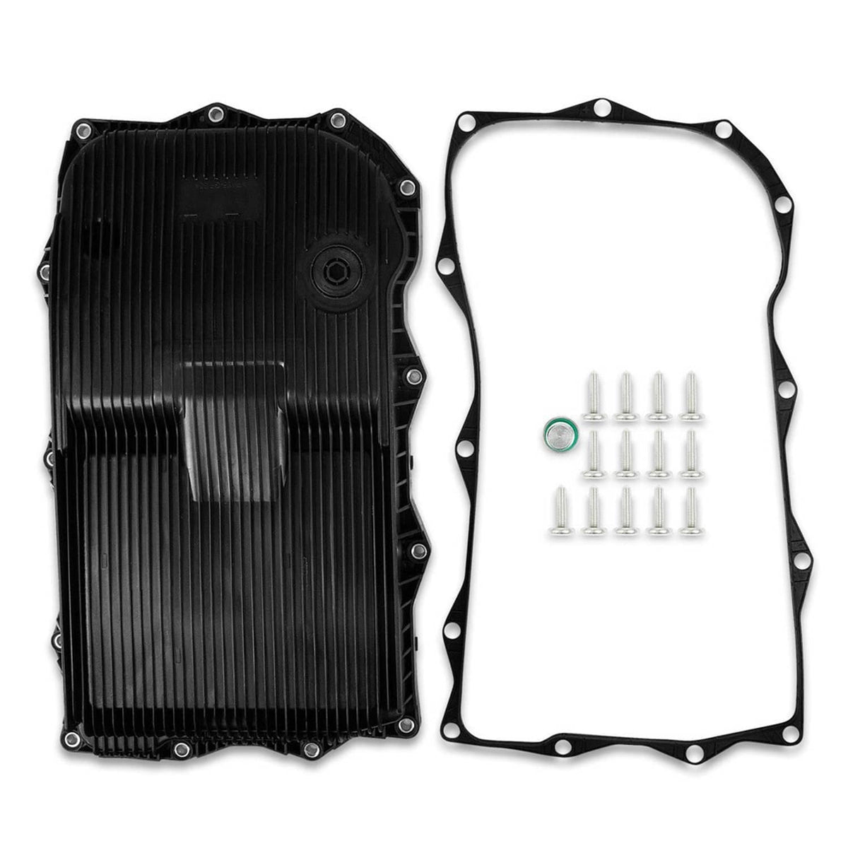 Black transmission oil pan kit with gasket and mounting bolts