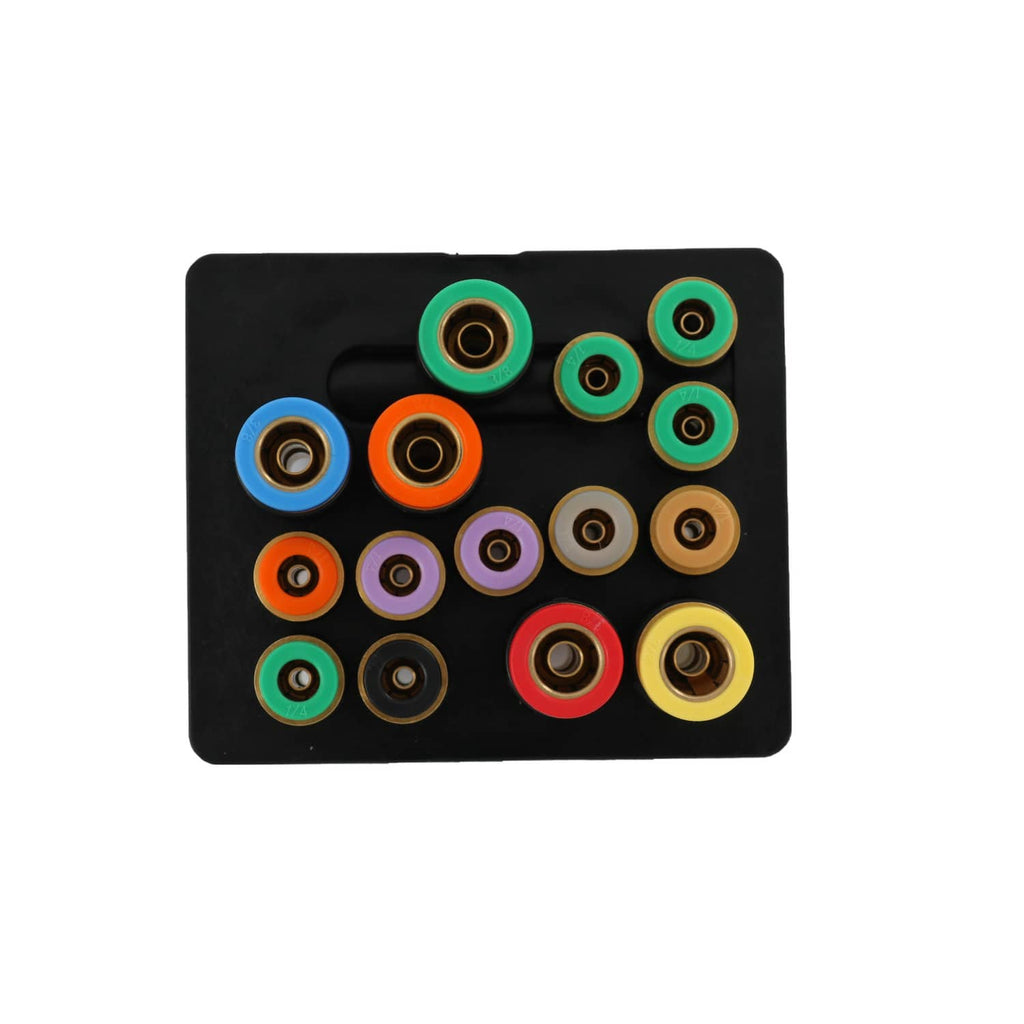 Air manifold connector panel with multicolor ports on black rectangular base