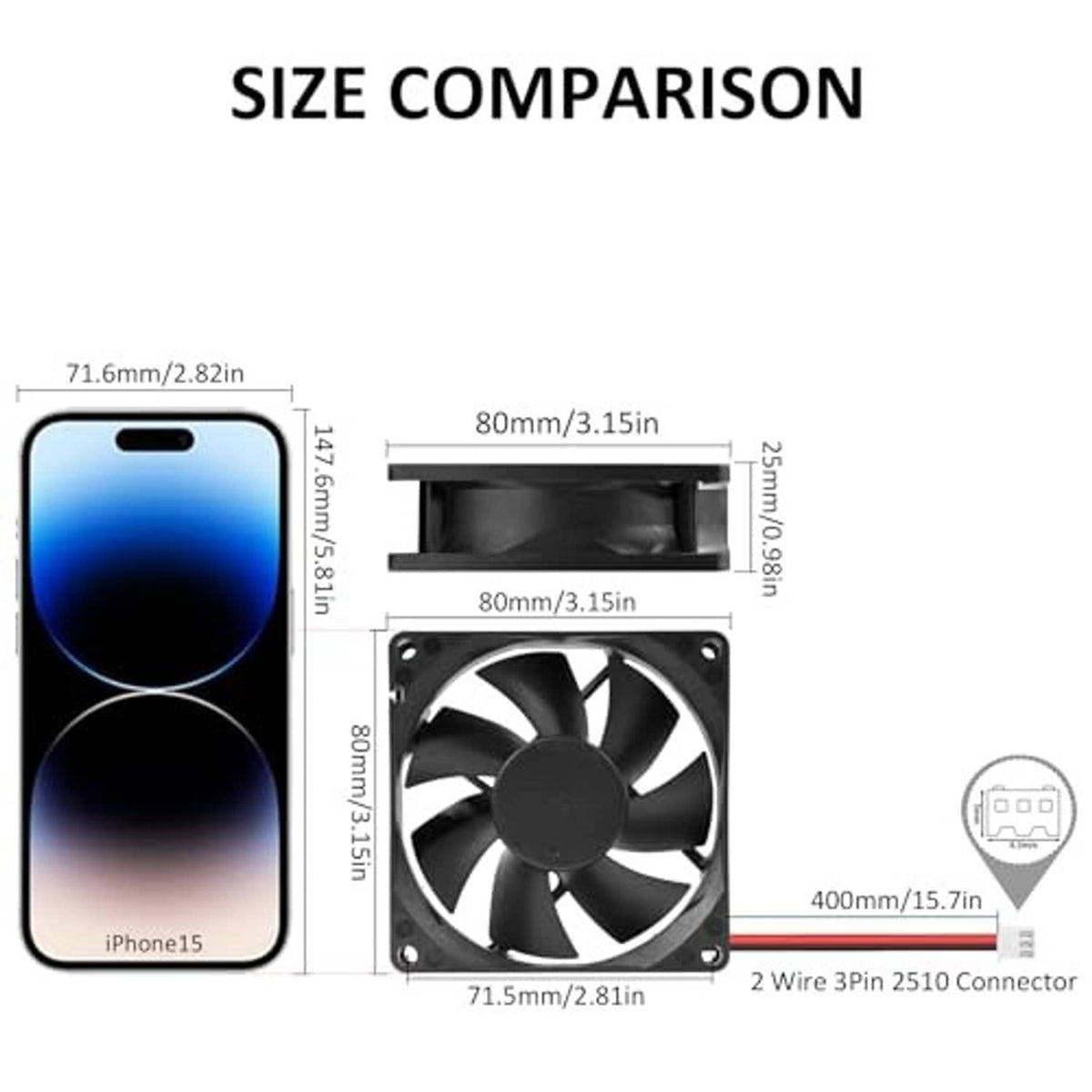 80mm DC cooling fan size comparison diagram with 2-wire 2510 connector