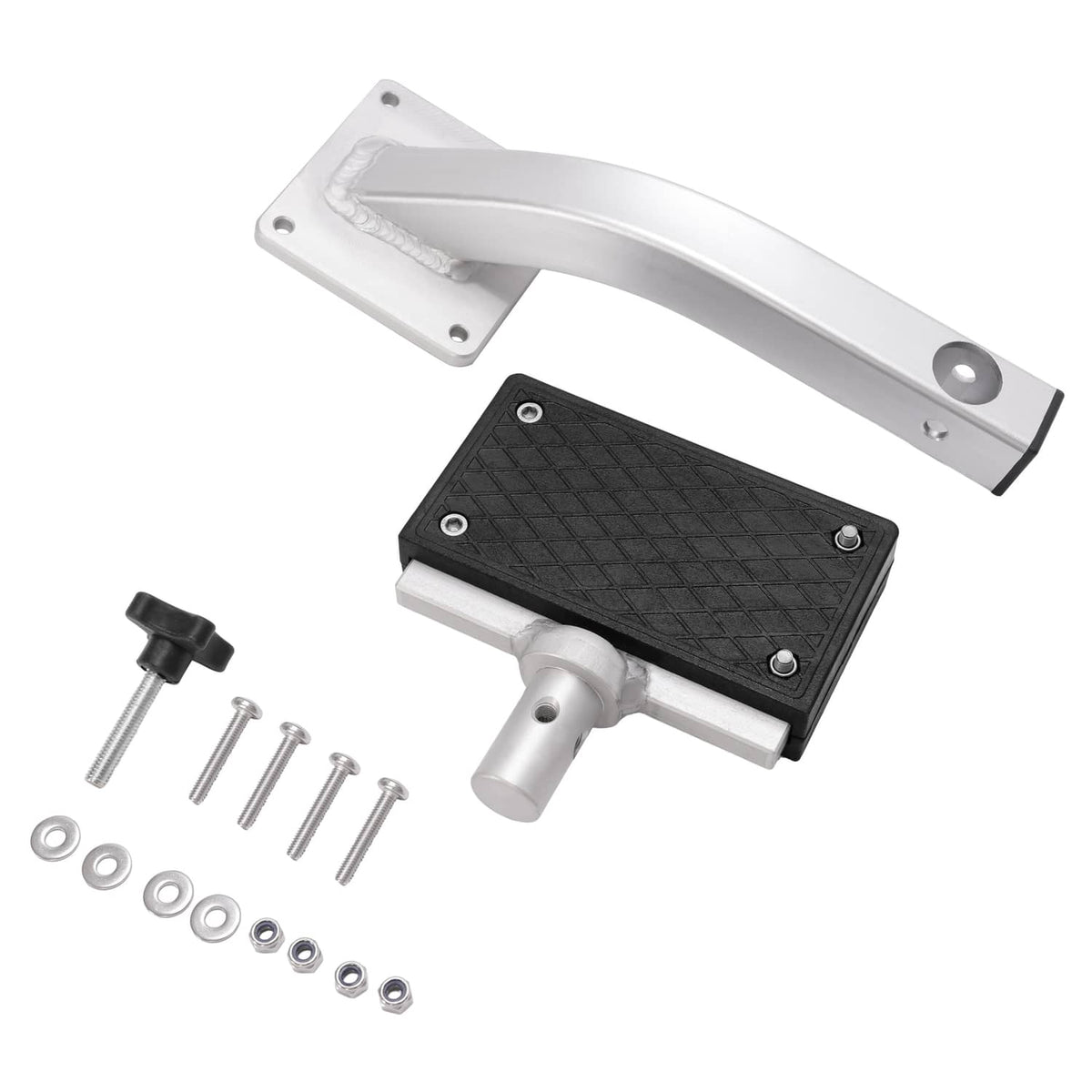 Trolling motor bracket assembly with black textured base and stainless curved arm