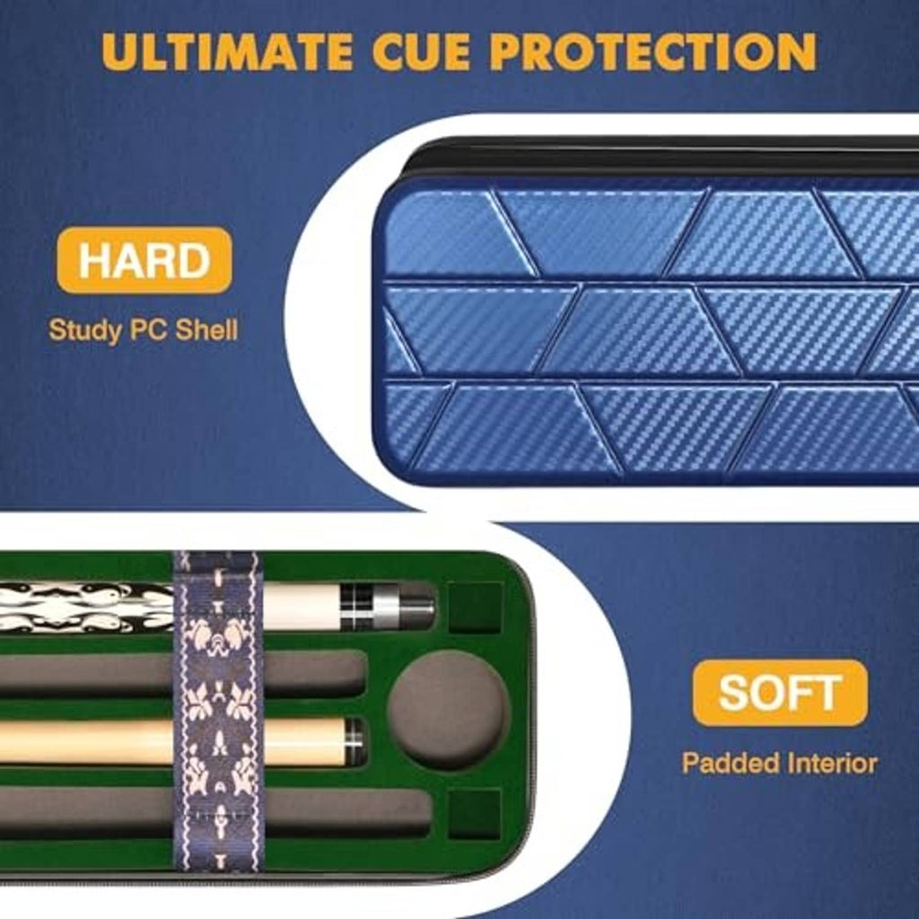 Blue hard shell pool cue case with textured panel and padded interior insert