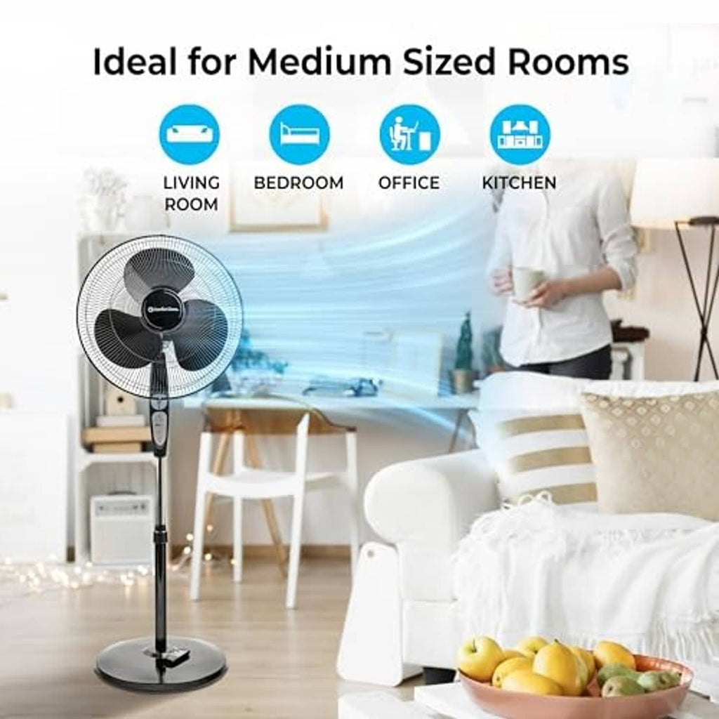 Pedestal fan with round mesh grille and tall stand