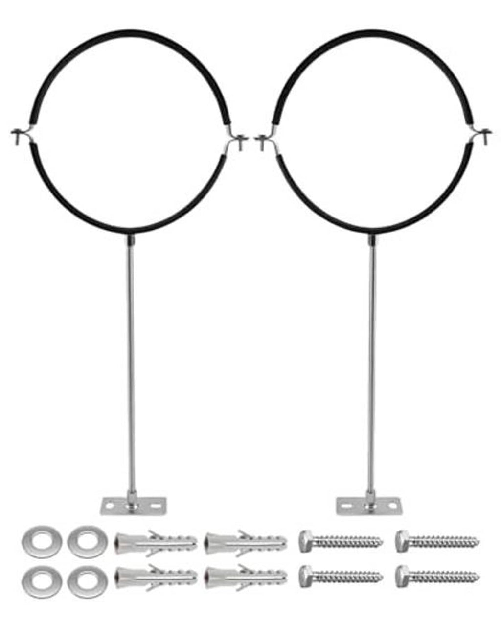 Adjustable round pipe hanger bracket with two loops, four leg posts, and fasteners