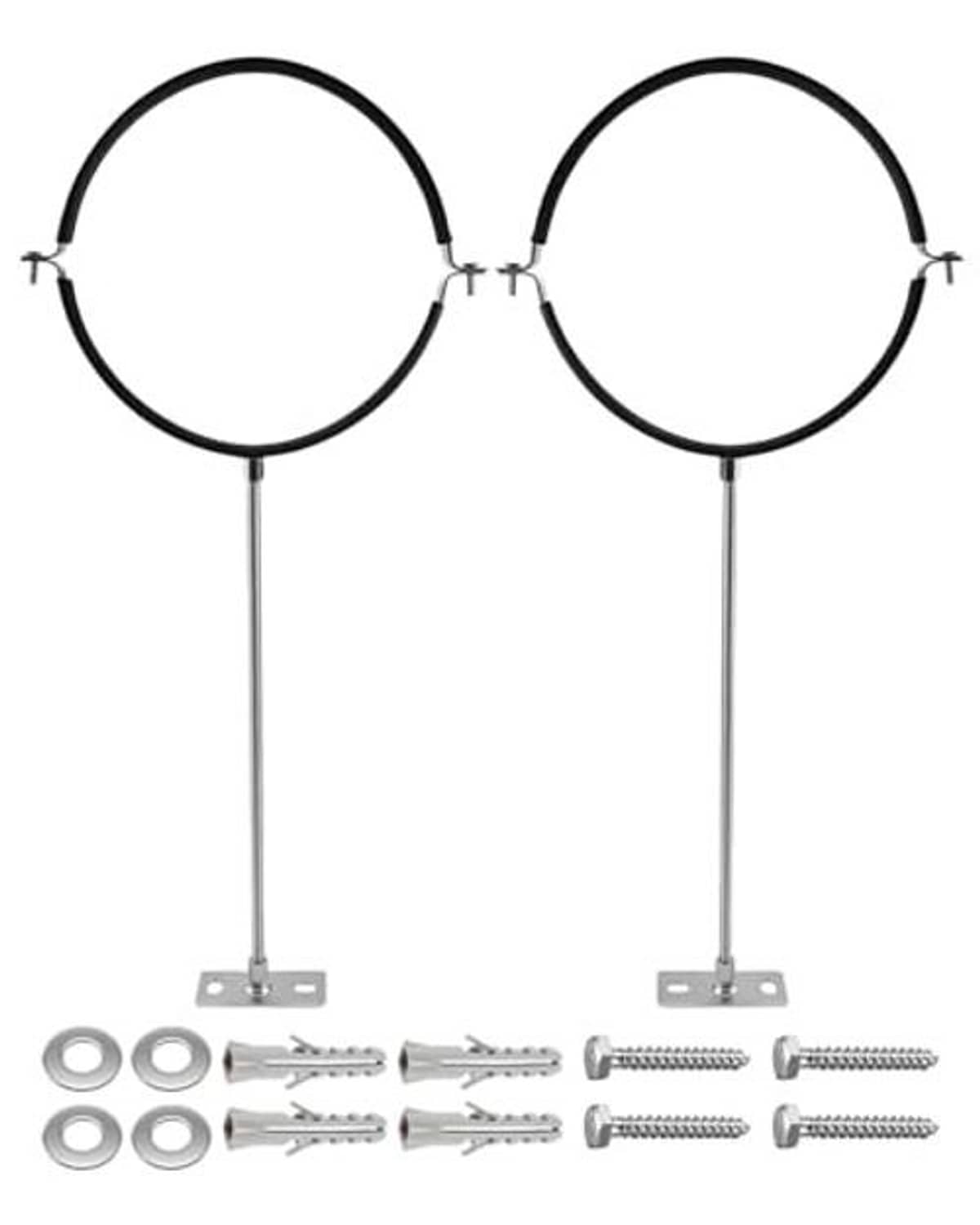 Adjustable round pipe hanger bracket with two loops, four leg posts, and fasteners