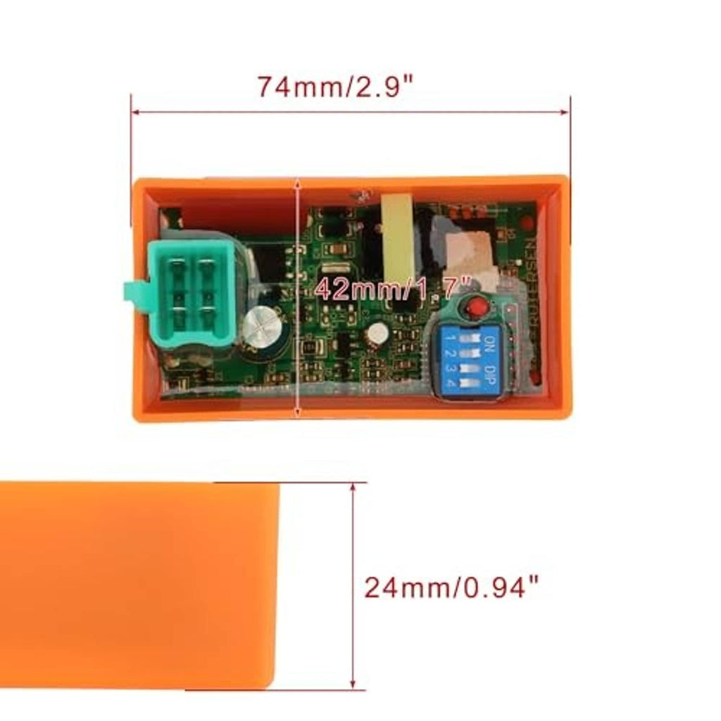 DC CDI ignition module PCB with green 4-pin connector and blue DIP switch in orange housing