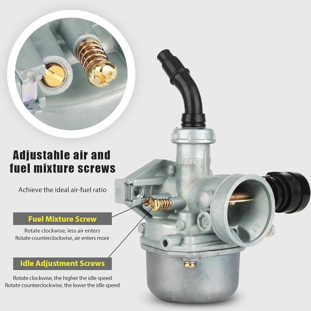 PZ19 carburetor showing fuel mixture and idle adjustment screw detail