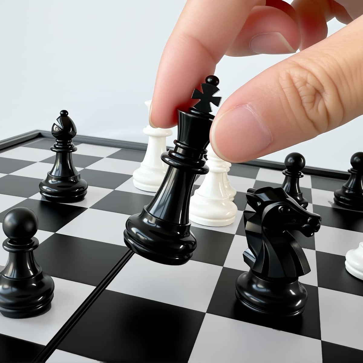 Hands moving white and black chess pieces on a magnetic checkered board