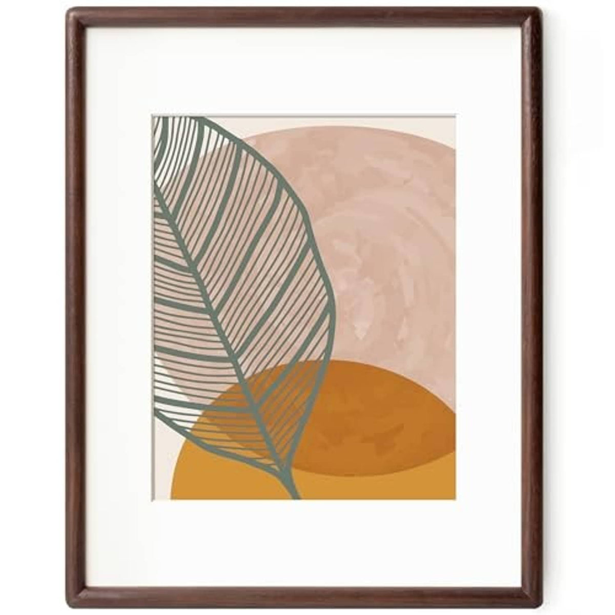 Rounded-corner walnut-brown 11x14 picture frame with white mat and artwork, front view.
