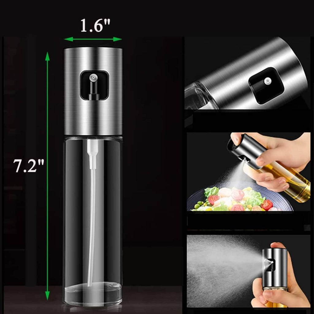 Stainless steel oil sprayer mister showing pump head and clear tube with yellow reservoir