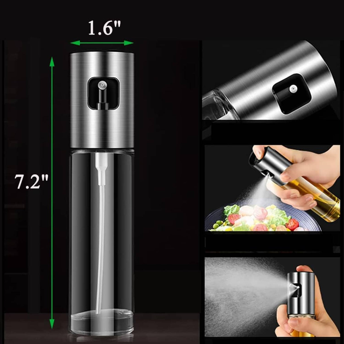 Stainless steel oil sprayer mister showing pump head and clear tube with yellow reservoir