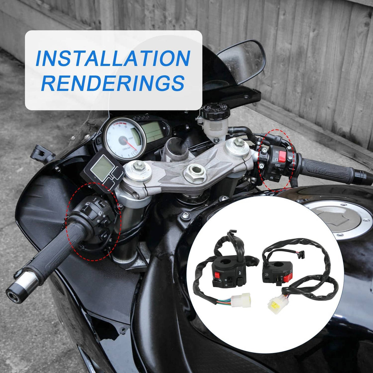 Motorcycle handlebar switch controls with wire harness shown near gauges