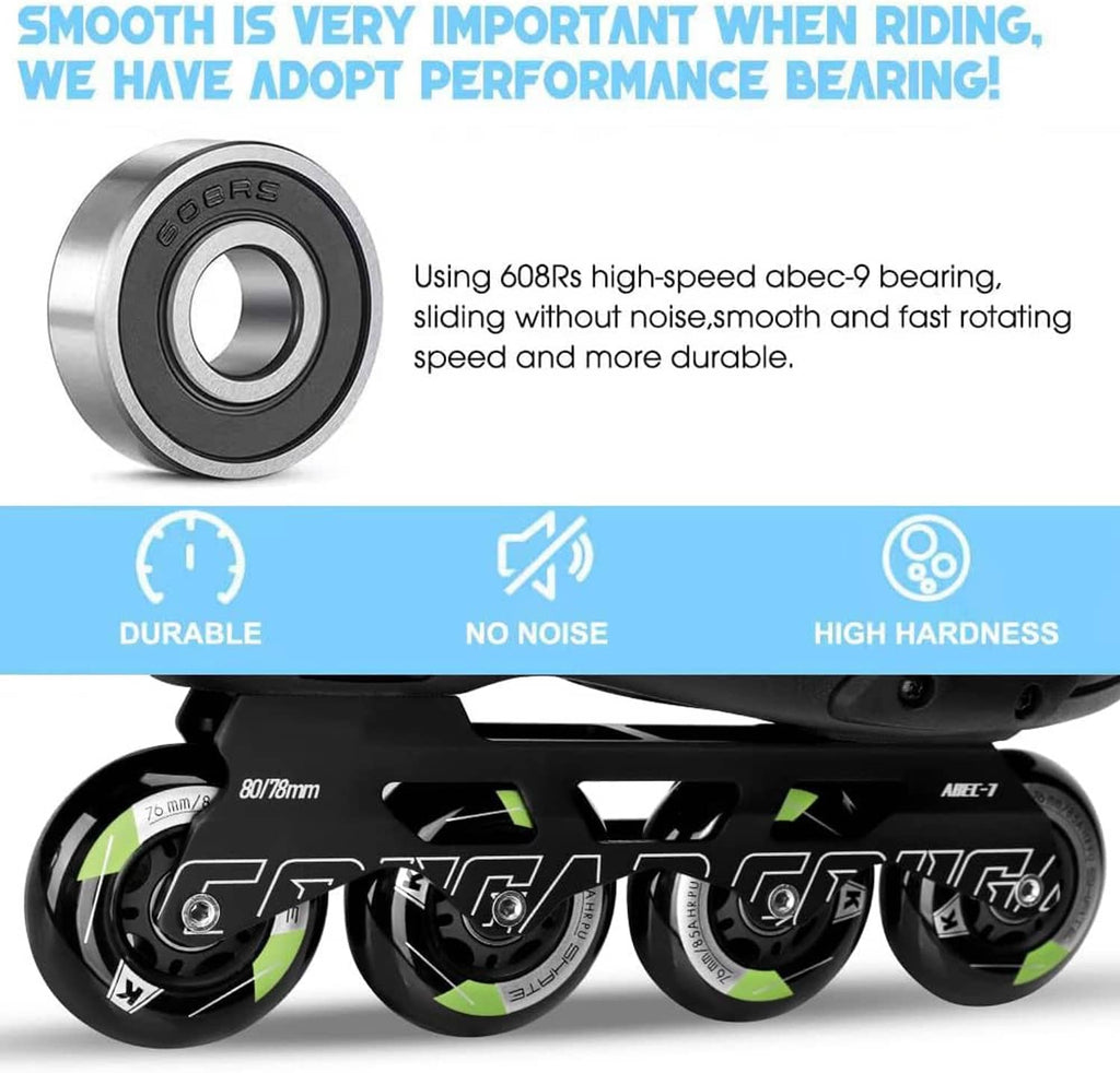 Inline skate bearing wheel with silver center ring, black rim and green details