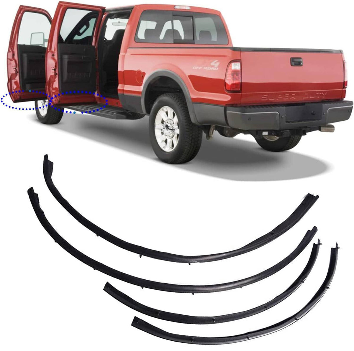 Front and rear lower door weather strip seals, black rubber U-shaped pieces
