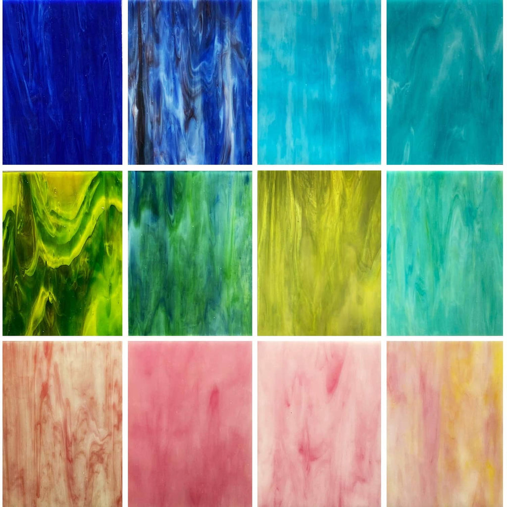 Variety stained glass mosaic sheets, multicolor swatch grid of blue and green tones