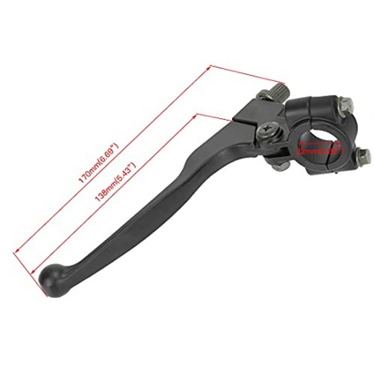 Left mini bike brake and clutch lever with clamp, shown with length dimensions