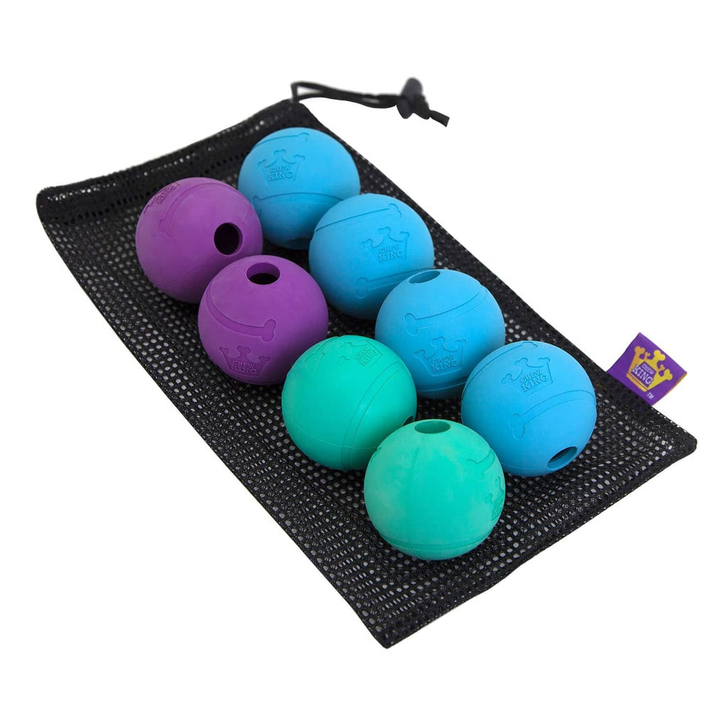 Set of 8 fetch balls (blue, green, purple) with black mesh storage bag