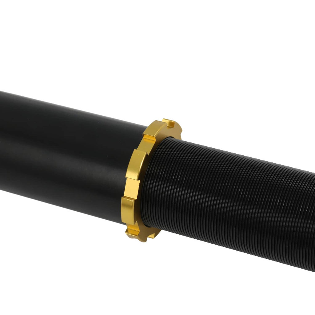 Black coilover body with gold adjustment collar and threaded spring seat