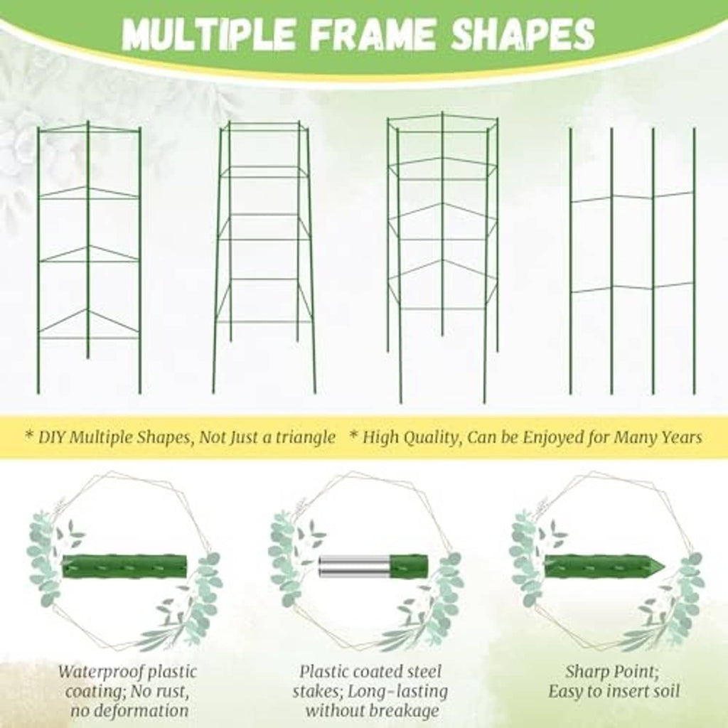 Tomato plant cage frames in multiple shapes with green coated metal stakes