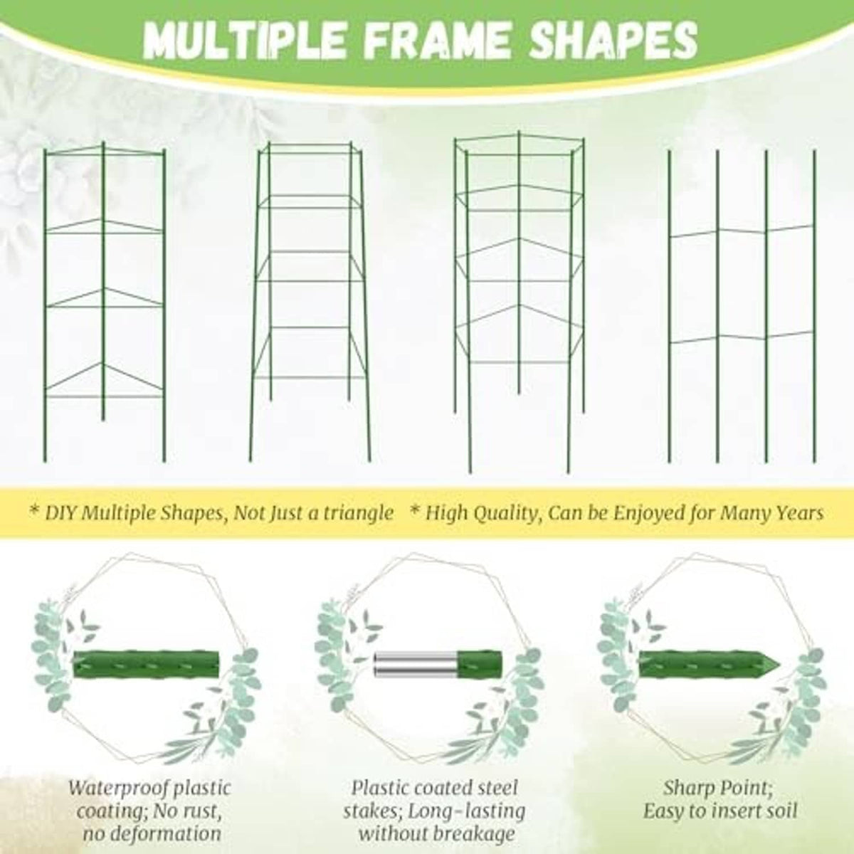 Tomato plant cage frames in multiple shapes with green coated metal stakes