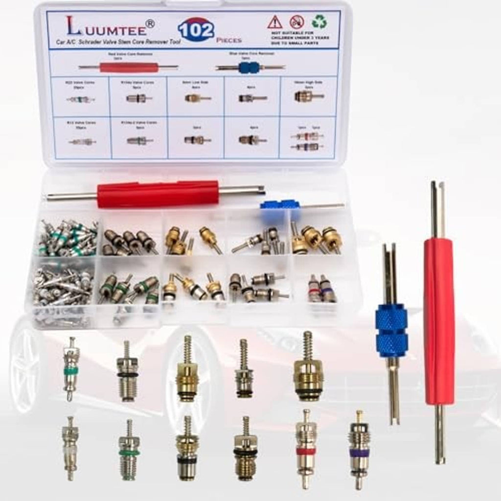 102-piece A/C service valve stem remover kit with mixed metal parts and red-handled tool