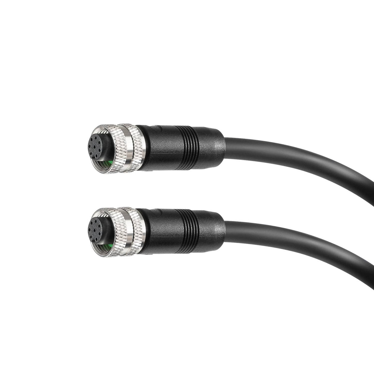 Two ends of a black Ethernet cable with metal 8-pin connectors, side-by-side