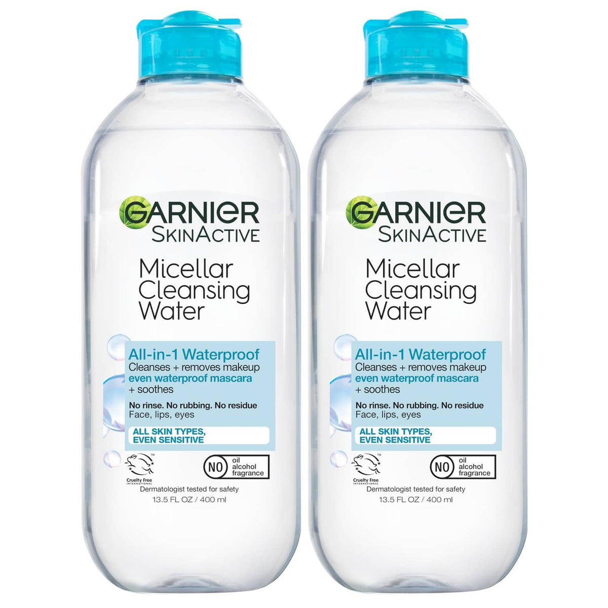 Two Garnier SkinActive micellar cleansing water bottles with blue caps, waterproof makeup remover.