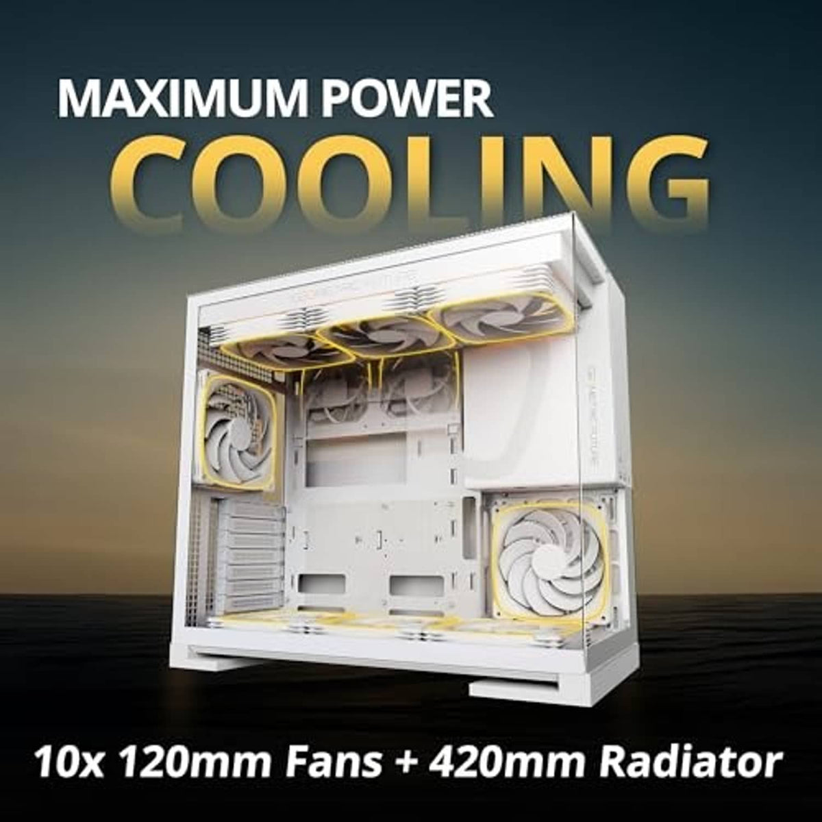 White tempered-glass PC case open view with multiple fans and internal components