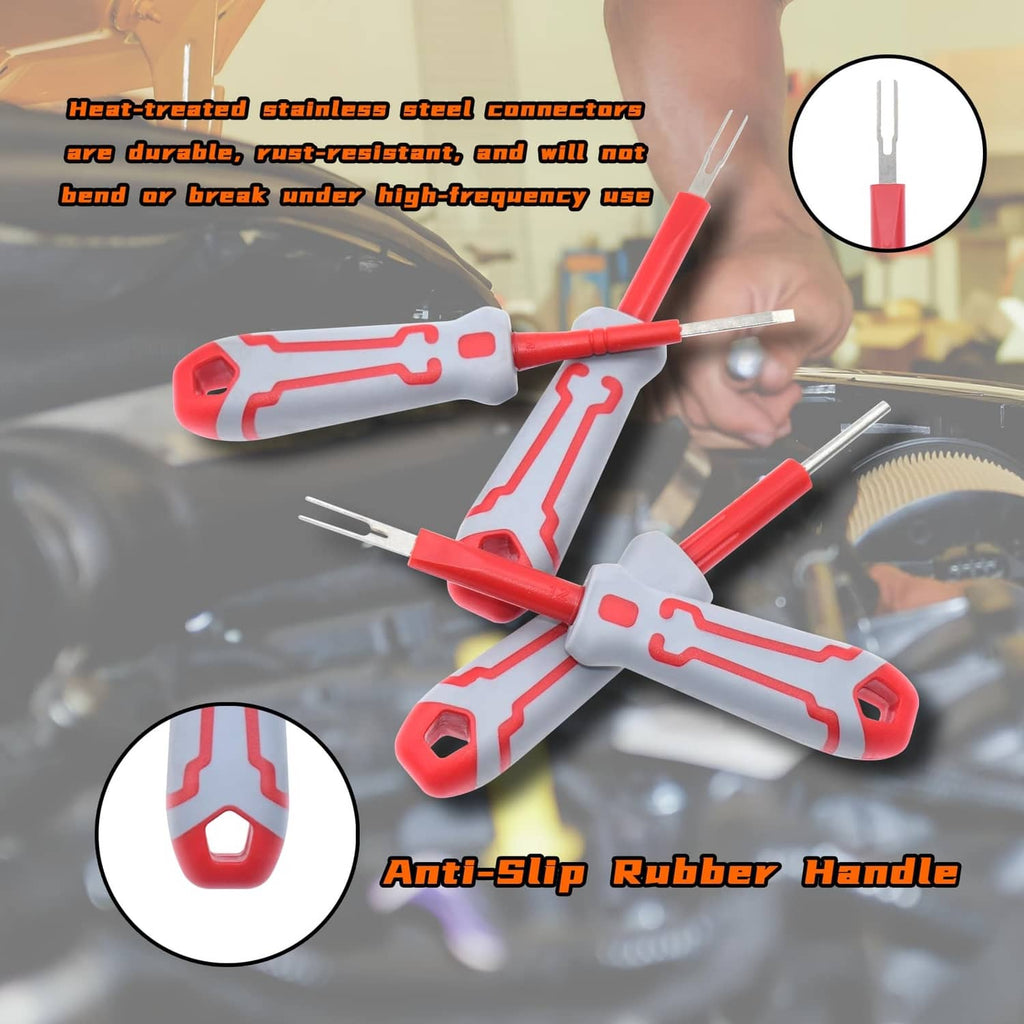 Red and gray terminal removal tools with textured anti-slip rubber handles