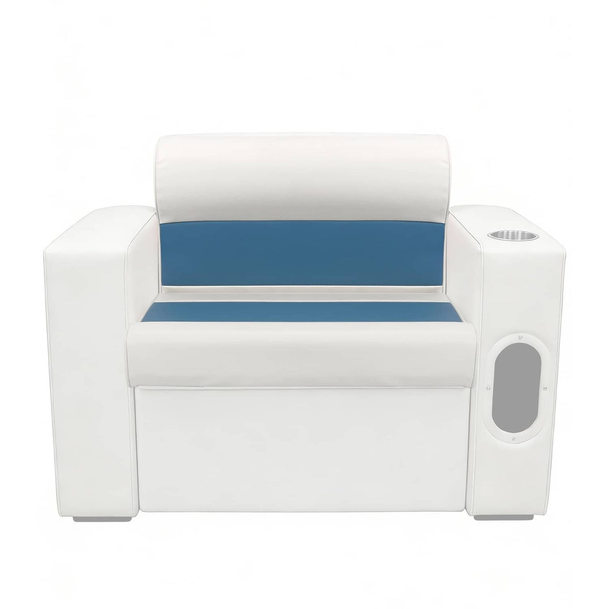 White pontoon bench seat with navy blue center stripe and side armrests with oval opening