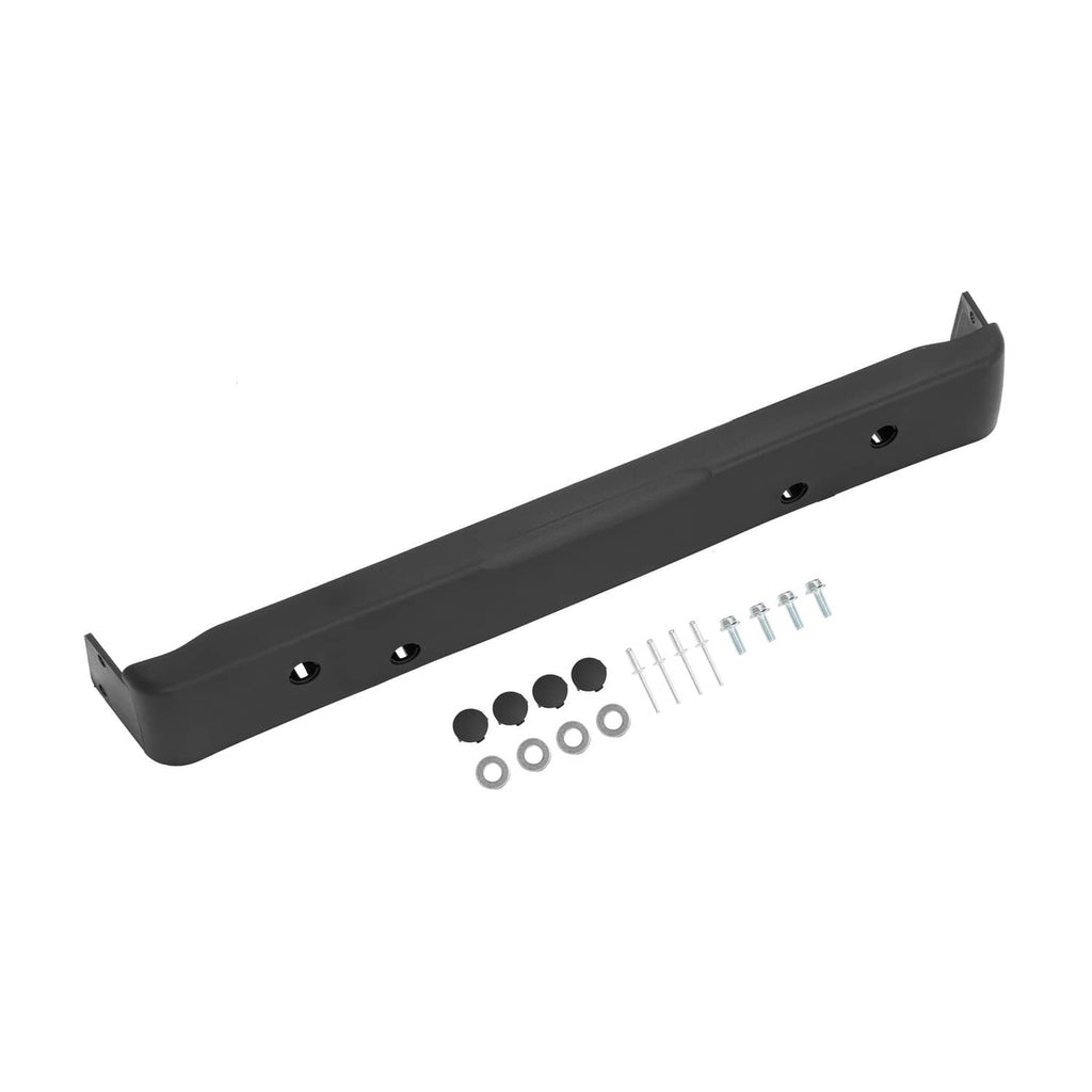 Black rear bumper bar with mounting holes and accessory hardware pieces