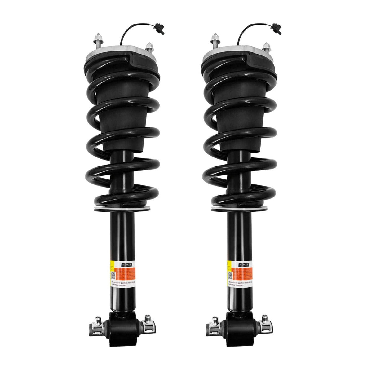 Two upright black shock struts with coil springs and mounting brackets