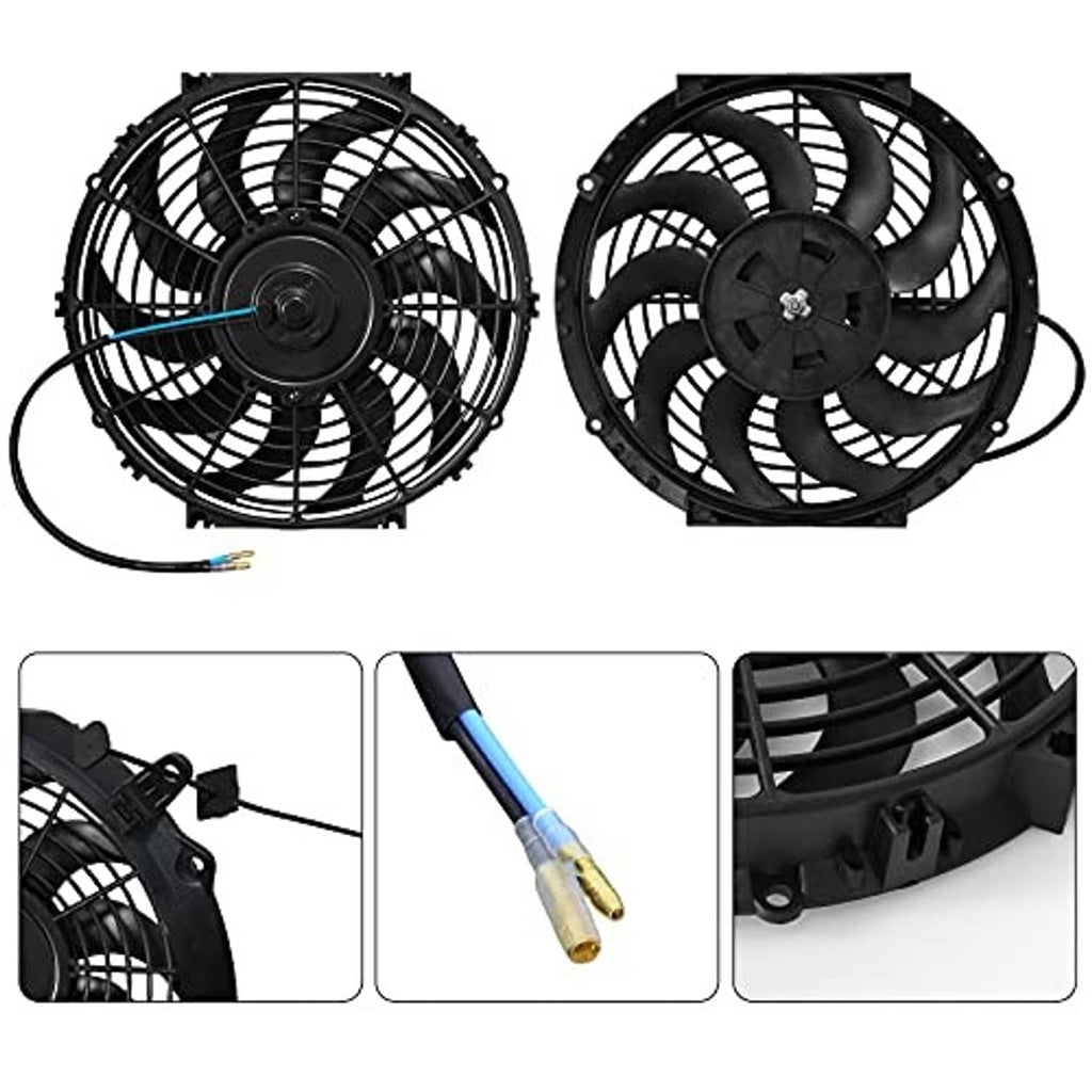 Electric radiator cooling fan with two fan orientations and close-up detail of wiring and base