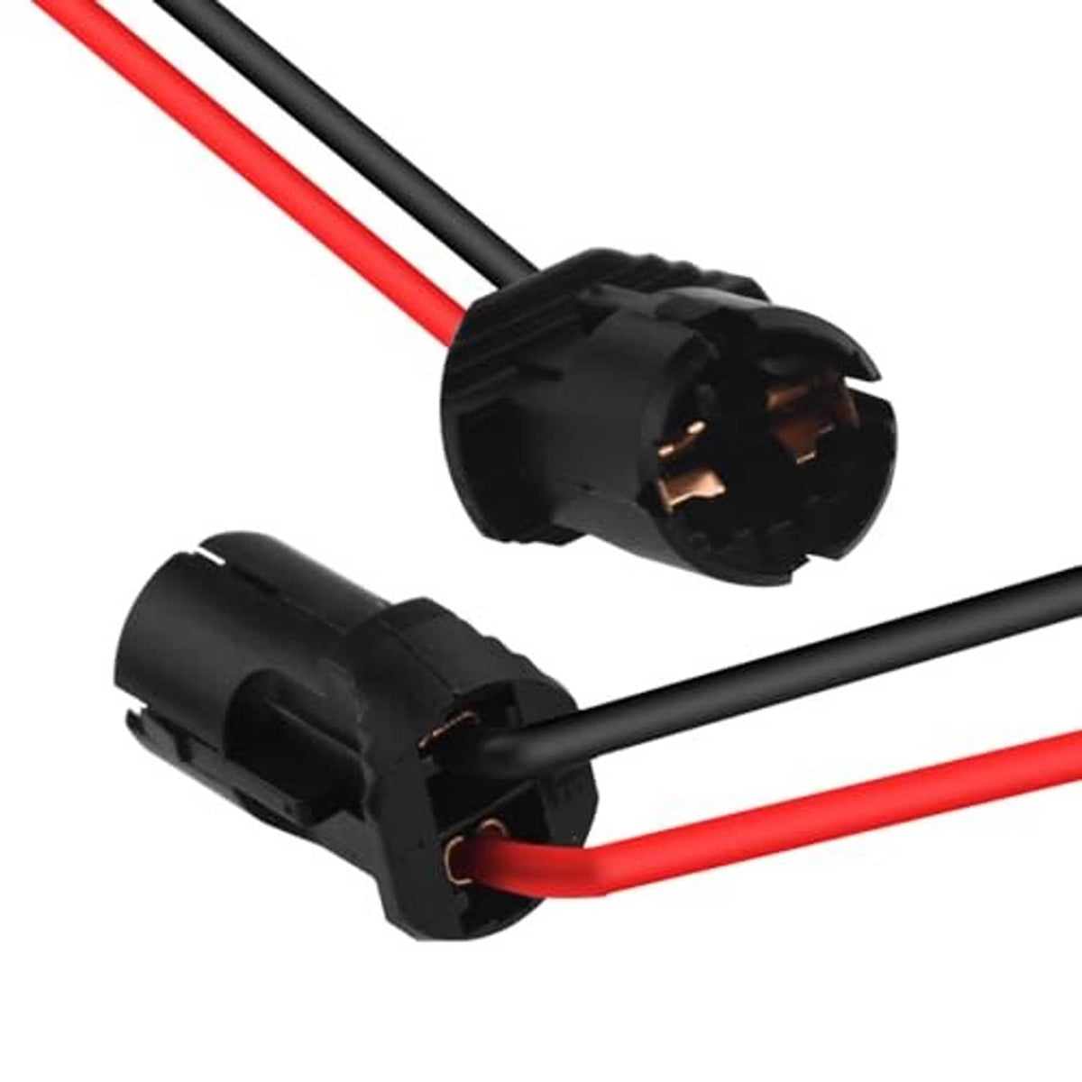 Angled view of pre-wired LED bulb sockets with black housings and red/black wire leads