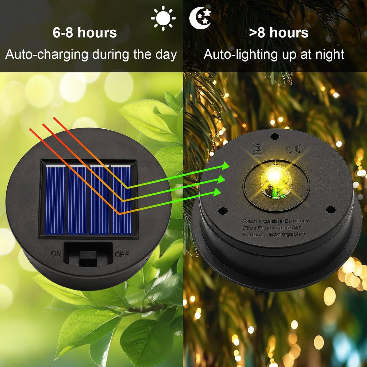 Black round solar light replacement top showing blue solar panel and glowing warm LED