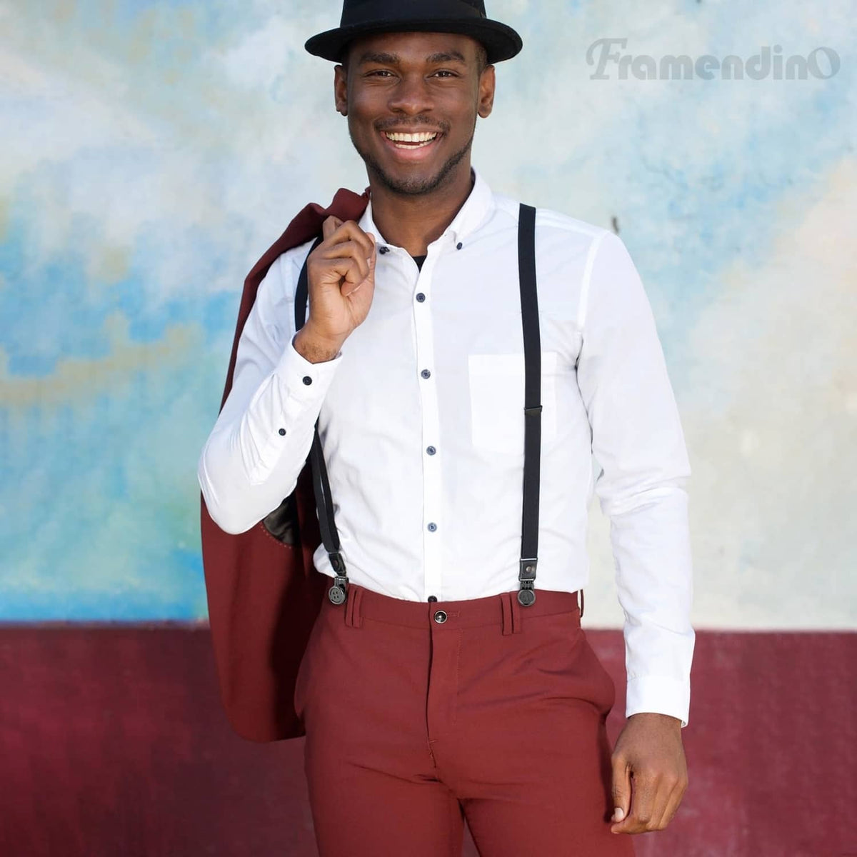 Black no-sew suspenders with round clip buttons on a white dress shirt