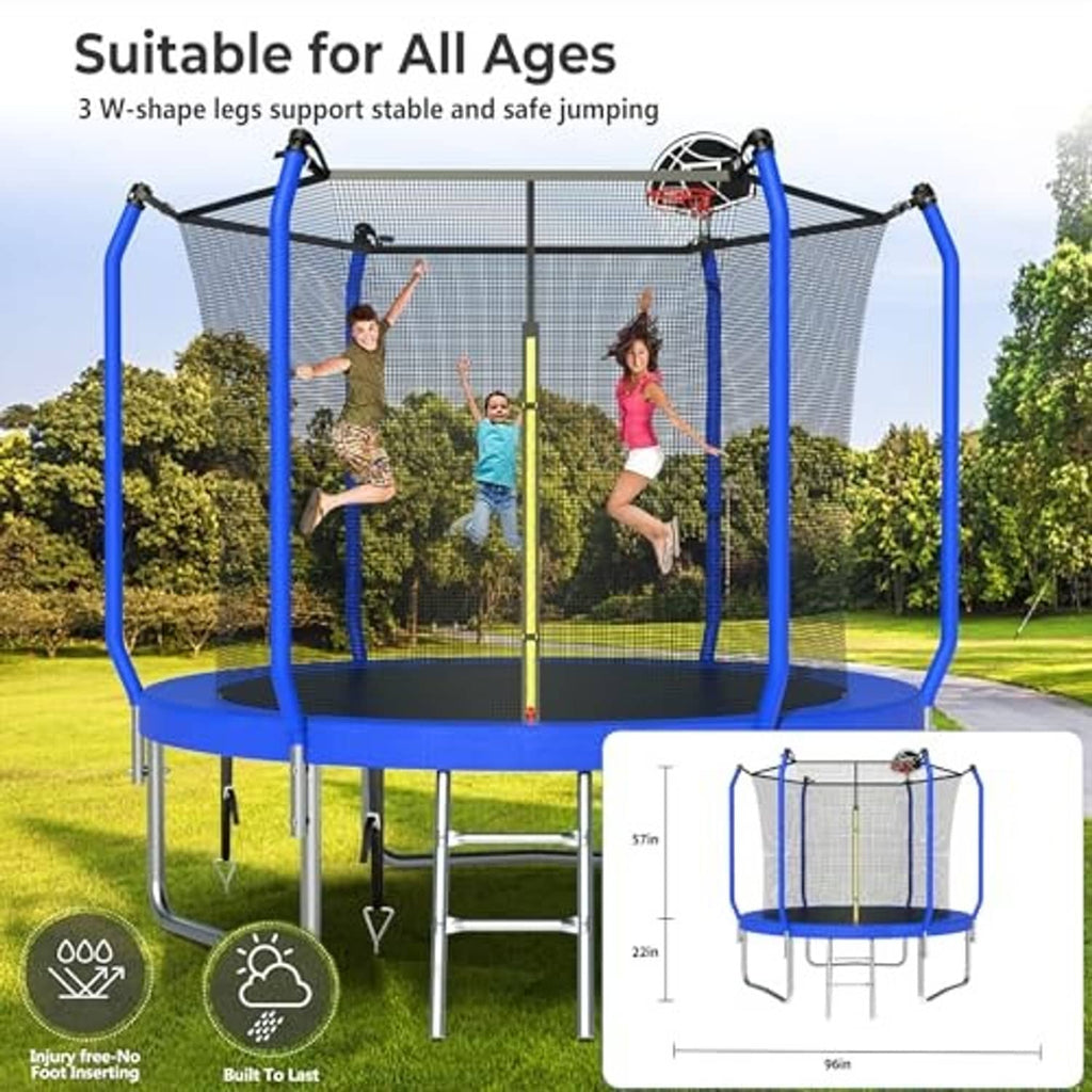 Royal blue trampoline with basketball hoop and safety net, ladder and padding