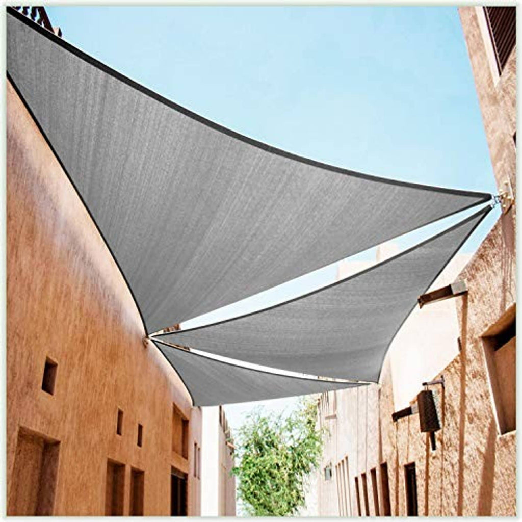 Grey right-triangle sun shade sail canopy fabric draped between two walls