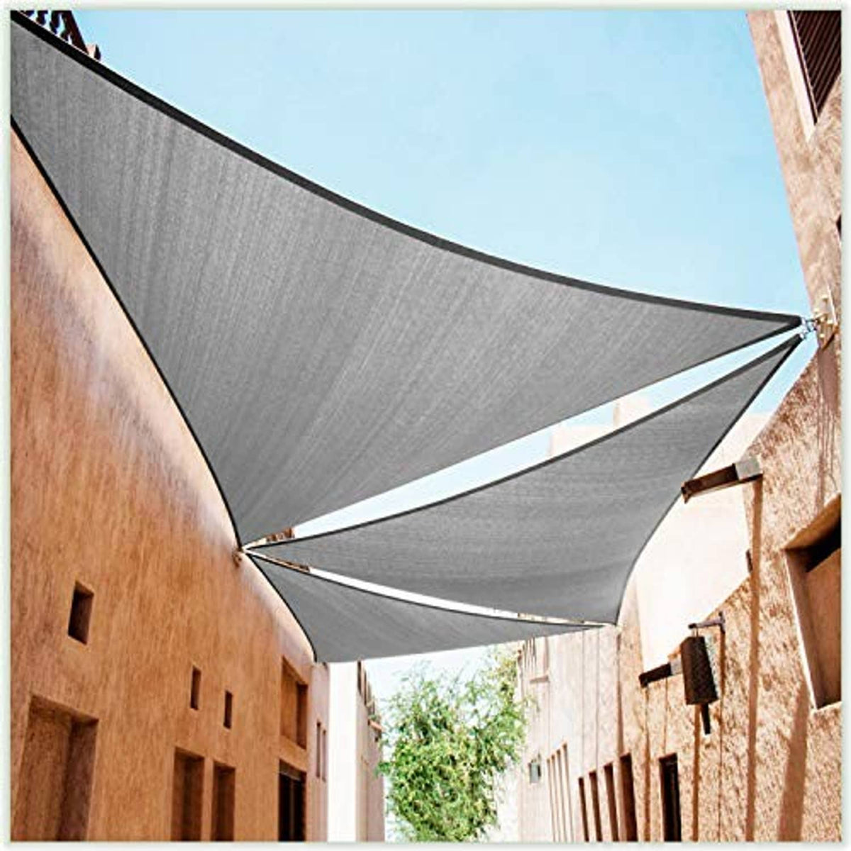 Grey right-triangle sun shade sail canopy fabric draped between two walls