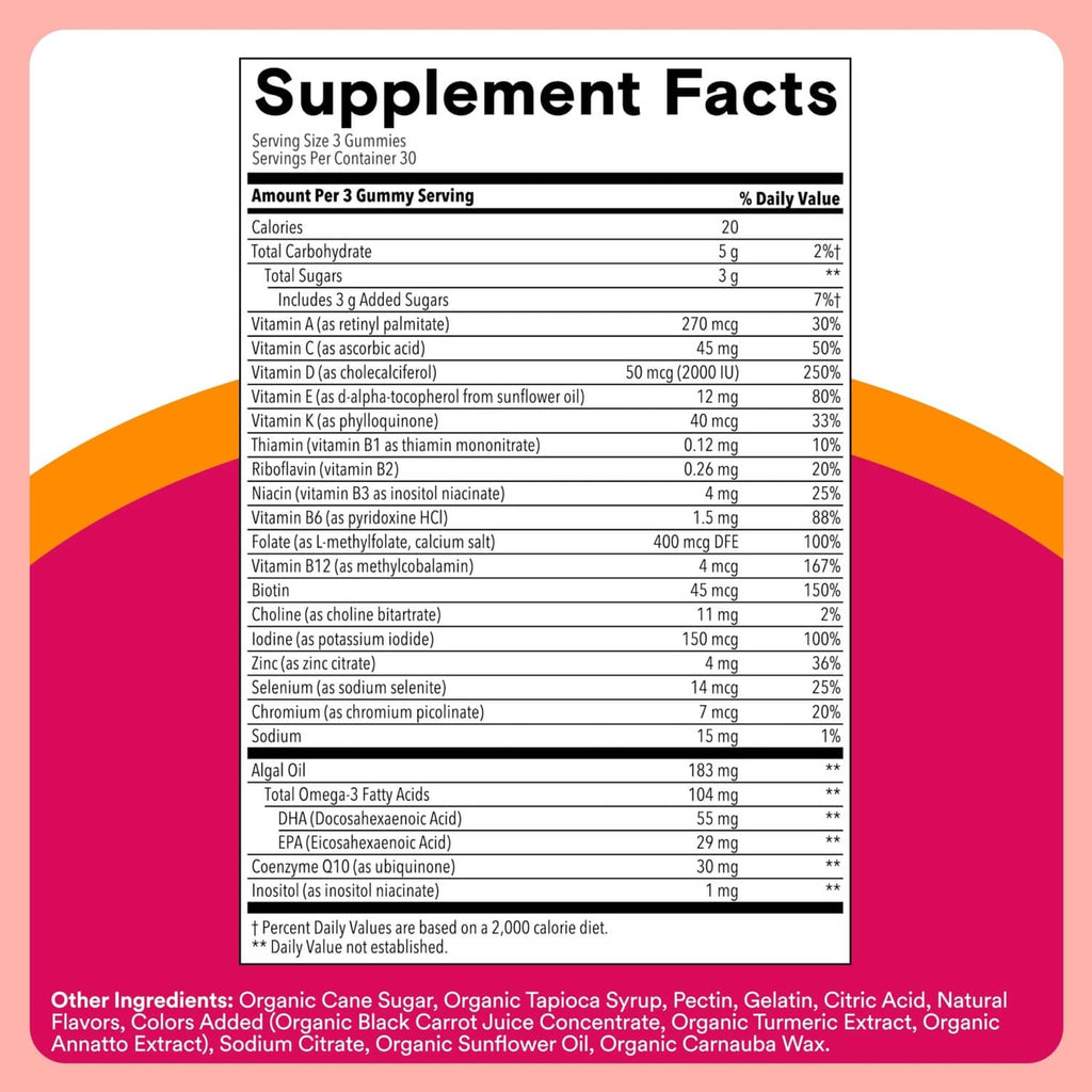 Supplement facts label panel on a gummy supplement bottle, listing nutrients and servings