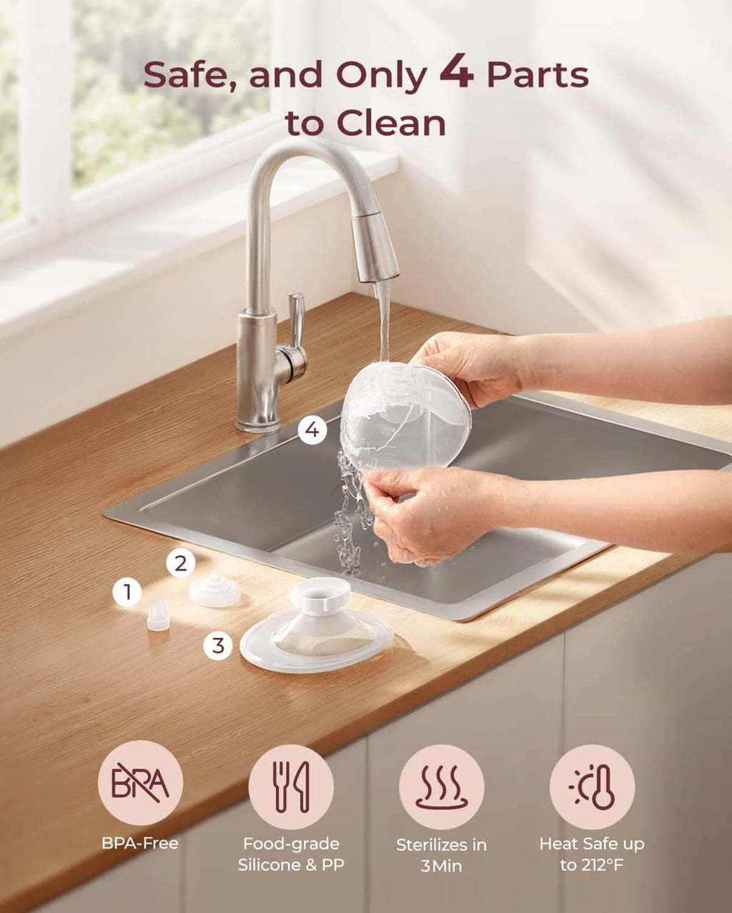 Cleaning kit showing four parts to wash for wearable breast pump, BPA-free items