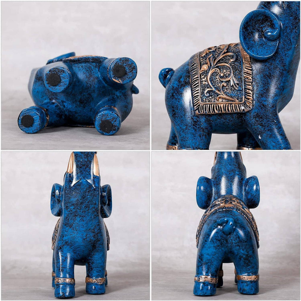 Set of blue elephant figurines showing multiple angles, gold ornamented panel