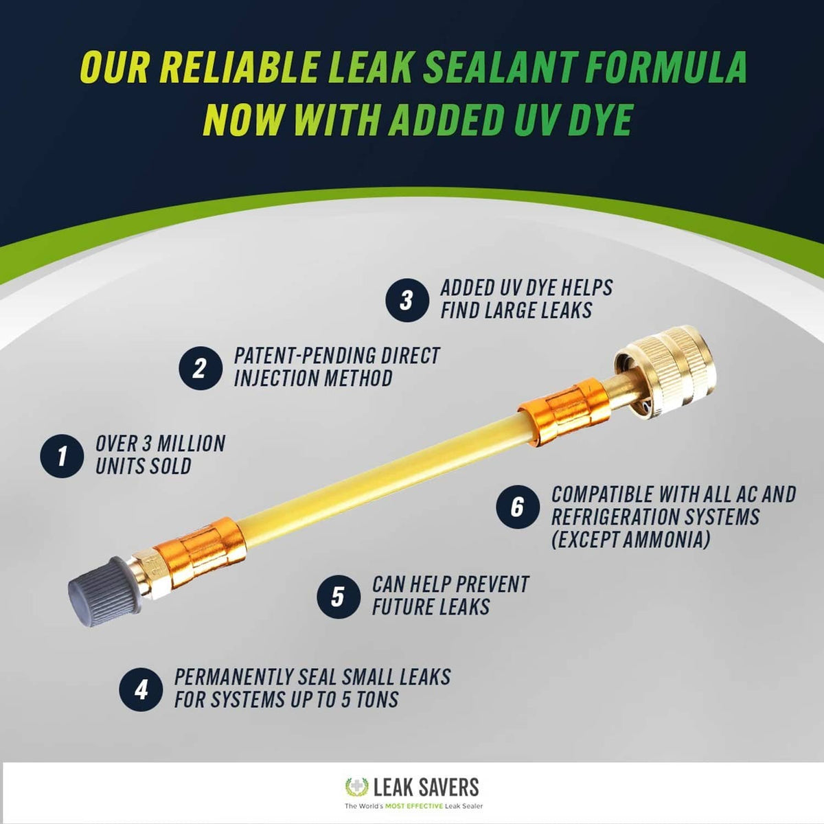 Direct injection UV dye leak sealer with brass-and-silver injection tip