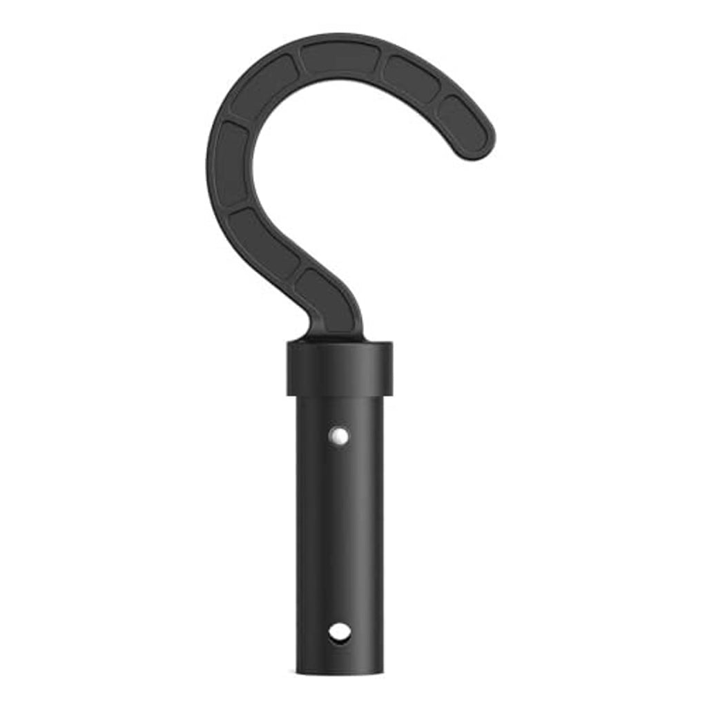 Black U-shaped pool cleaner hook with curved hanger and cylindrical grip