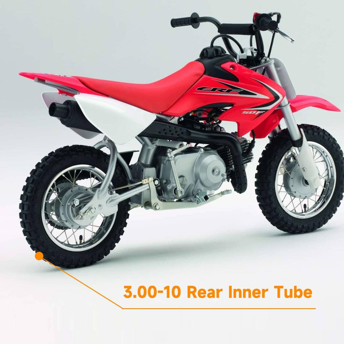3.00-10 rear black inner tube shown on a dirt bike with valve stem