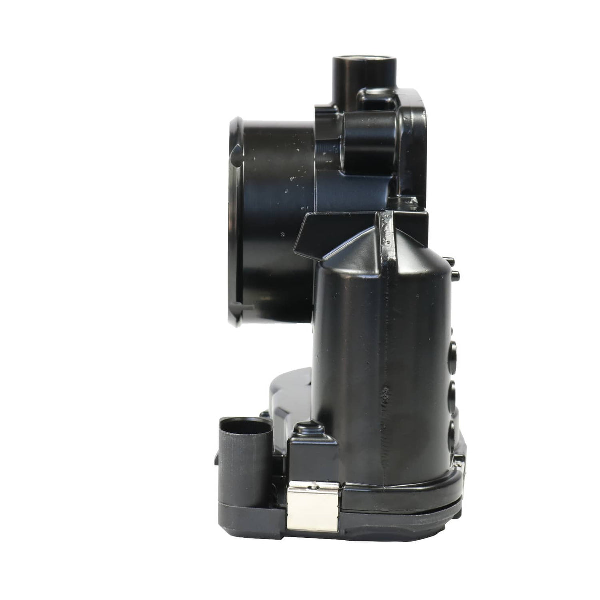 Throttle body assembly with black cylindrical intake and side-mounted electrical housing