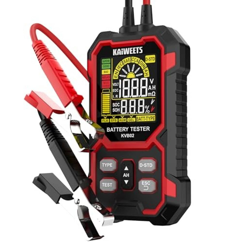 Car battery tester with LCD display and red/black clamp leads, red-and-black housing